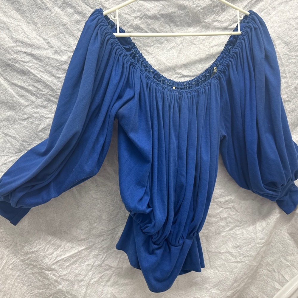 Norma Kamali Blue Puff Sleeve Smocked Blouse